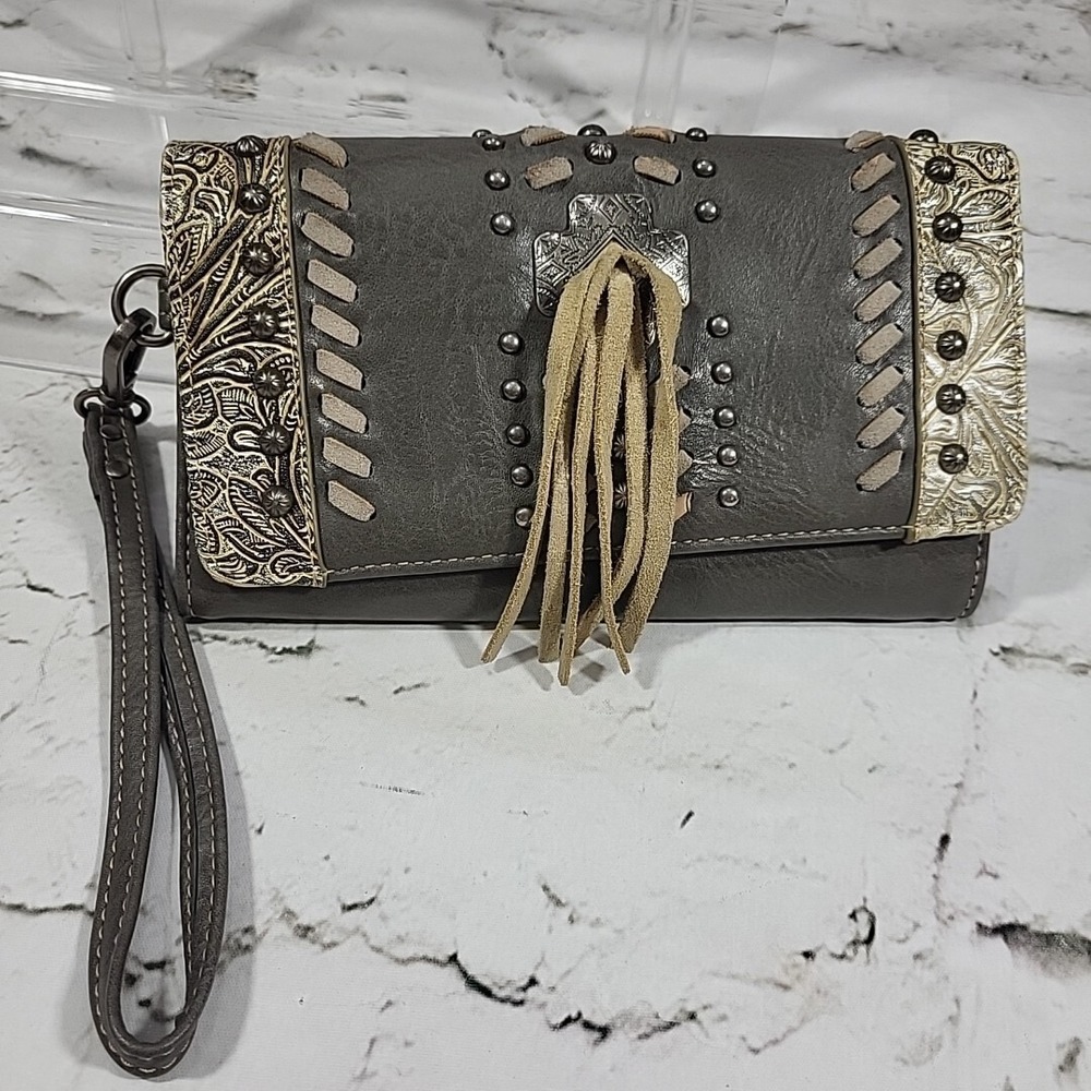 Montana West Wallet‎ Womens Leather Gray Western Clutch Wristlet Fringe Cowgirl